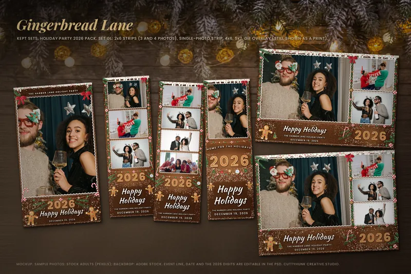 Gingerbread Lane 2x6 strips, a 4x6 and a 5x7 print on a dark wood table under pine