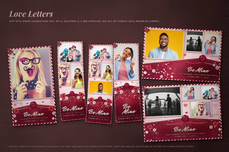 Love Letters 2x6 strips, a 4x6 and a 5x7 print laid out on a dark plum table
