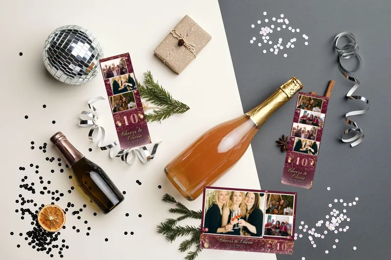 Rose Gold Forty strips and a 4x6 print on a party table with champagne, a disco ball and confetti