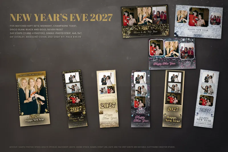 Strips and prints from all five New Year's Eve 2027 sets on a dark table