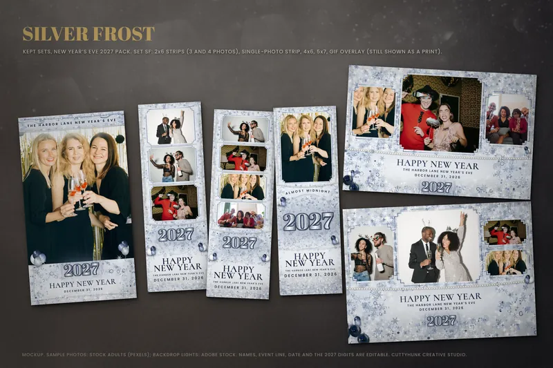 Silver Frost New Year's Eve 2027 strips and prints on a dark table