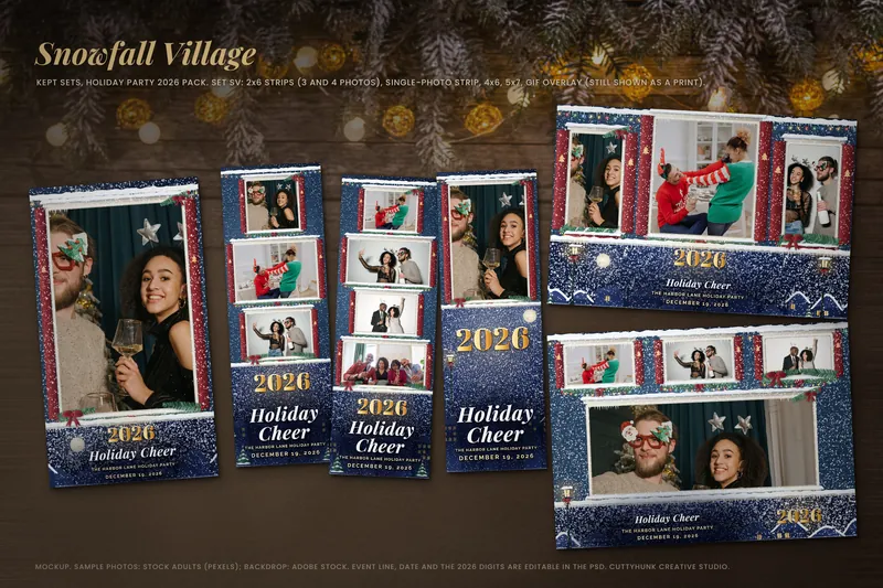 Snowfall Village 2x6 strips, a 4x6 and a 5x7 print on a dark wood table under pine