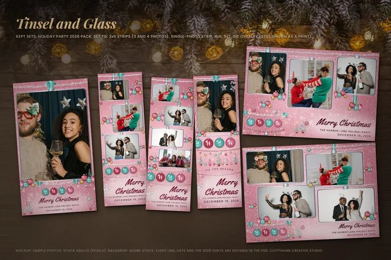 Tinsel and Glass 2x6 strips, a 4x6 and a 5x7 print on a dark wood table under pine