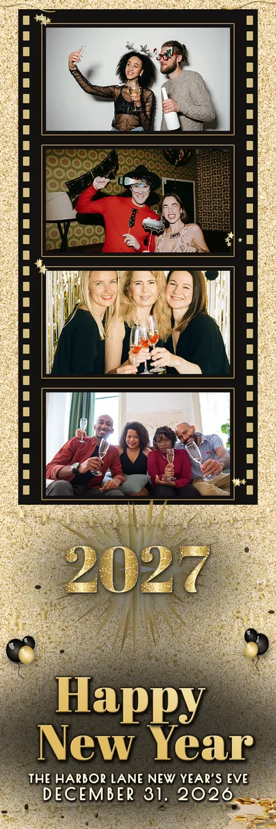 Black and Gold 2x6 strip, four photos photo booth template, 600 x 1800 px