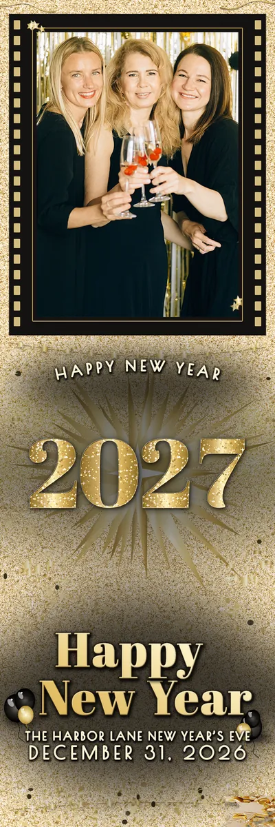 Black and Gold 2x6 strip, one photo photo booth template, 600 x 1800 px