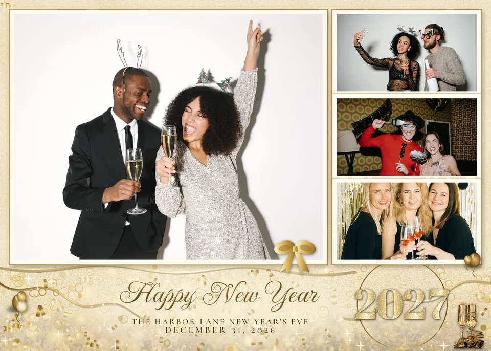 Champagne Toast 5x7 print, one big photo and three small photo booth template, 2100 x 1500 px