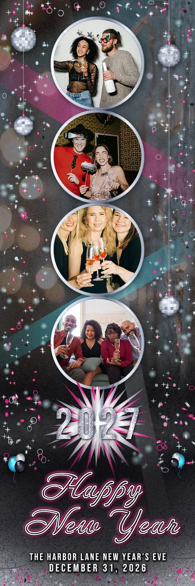 Disco Glam 2x6 strip, four photos photo booth template, 600 x 1800 px
