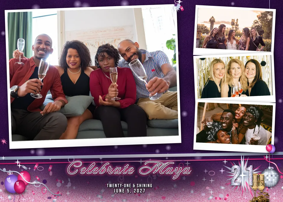 Disco Twenty-One 5x7 print, one big photo and three small photo booth template, 2100 x 1500 px
