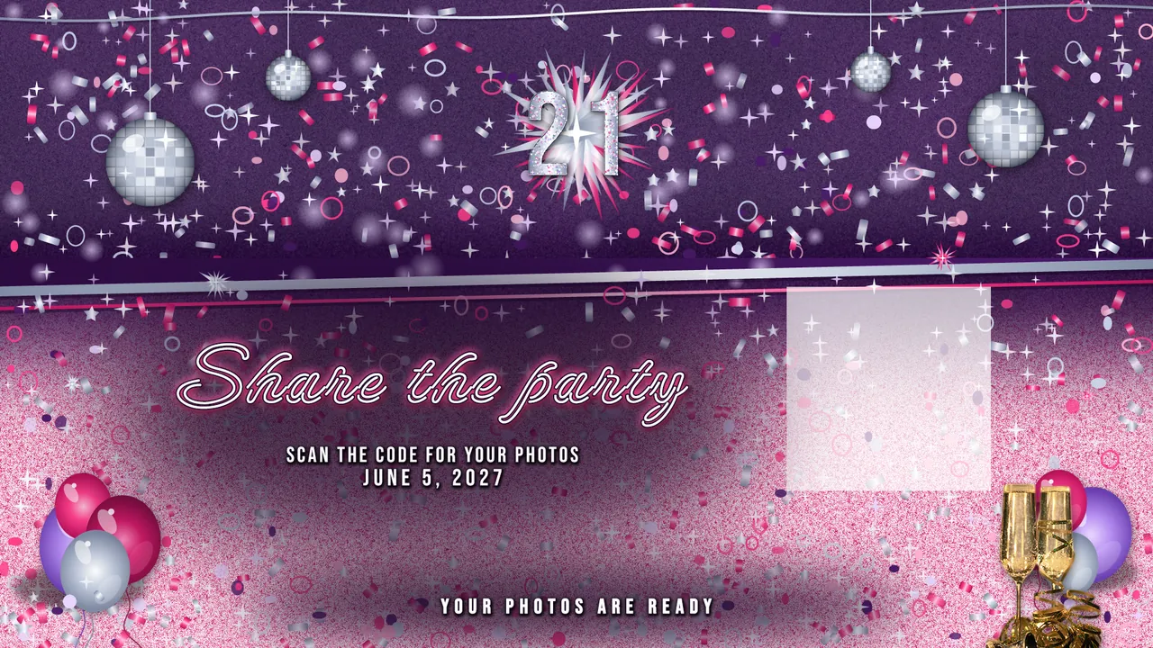 Disco Twenty-One Share screen (your app adds the QR code) photo booth template, 1920 x 1080 px