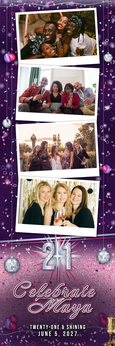Disco Twenty-One 2x6 strip, four photos photo booth template, 600 x 1800 px