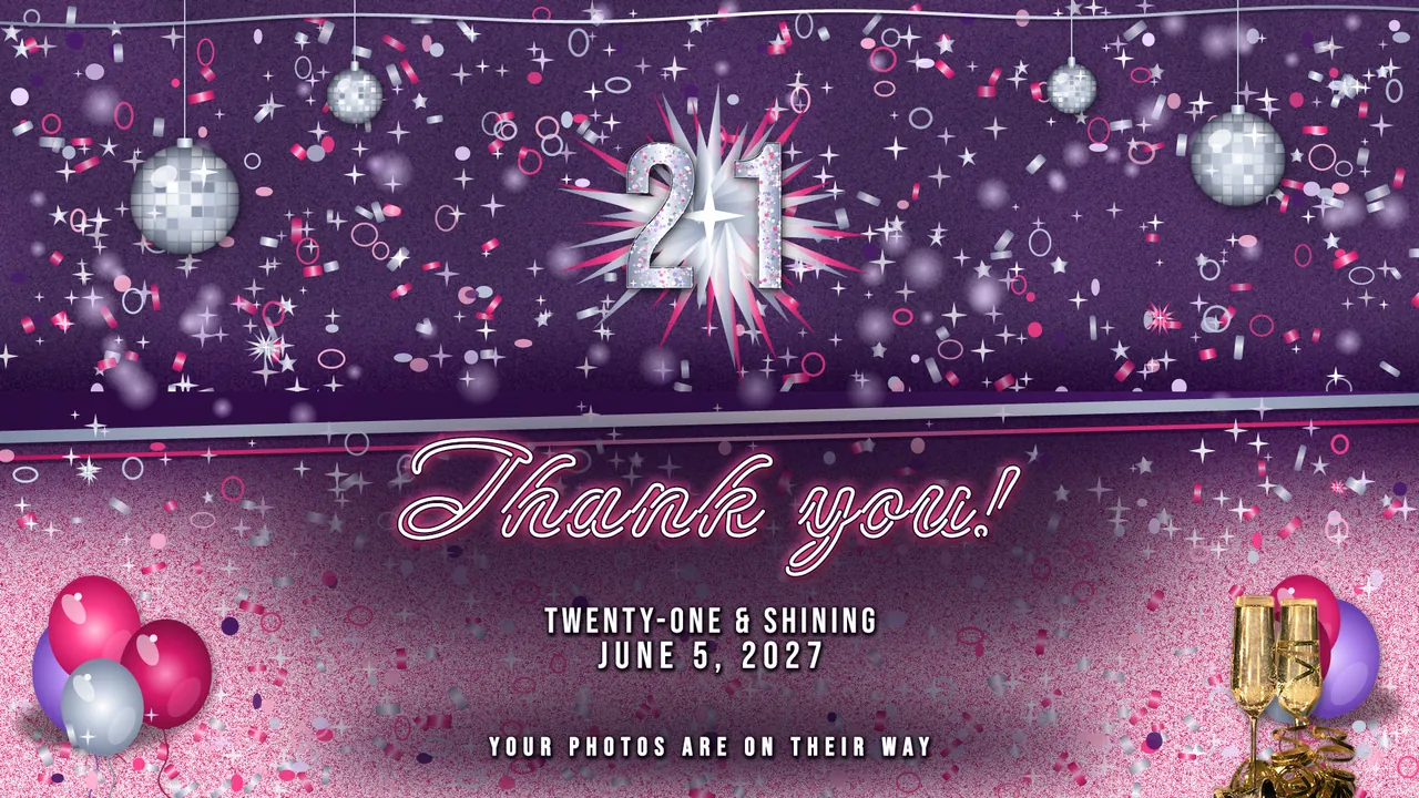 Disco Twenty-One Thank-you screen photo booth template, 1920 x 1080 px