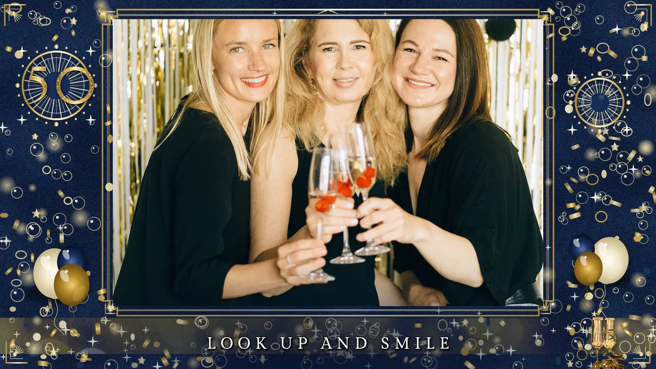Navy and Gold Fifty Capture screen with the live-view window photo booth template, 1920 x 1080 px