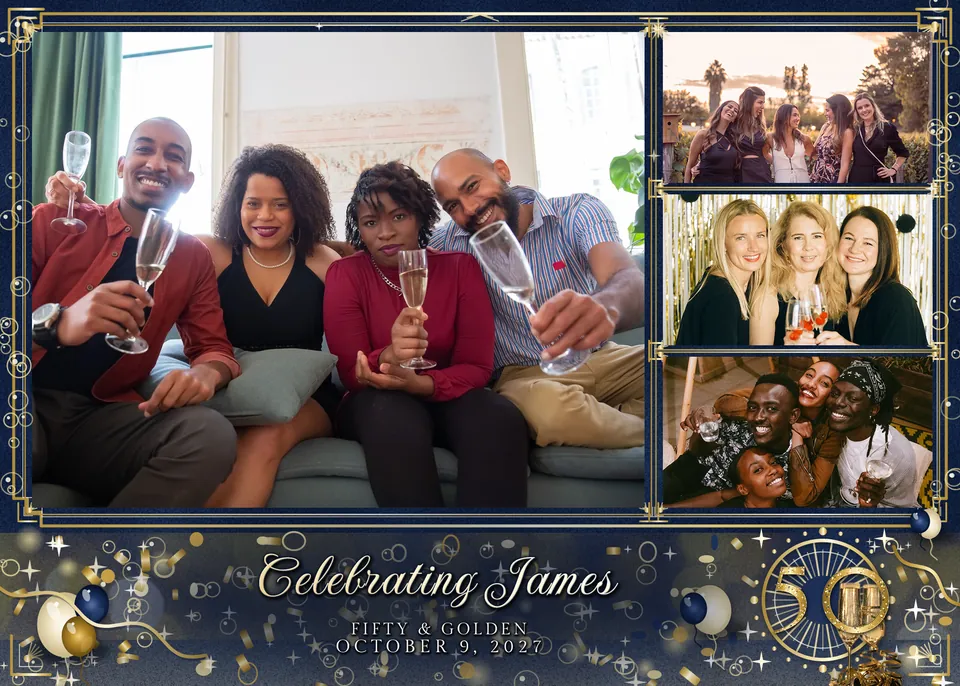 Navy and Gold Fifty 5x7 print, one big photo and three small photo booth template, 2100 x 1500 px