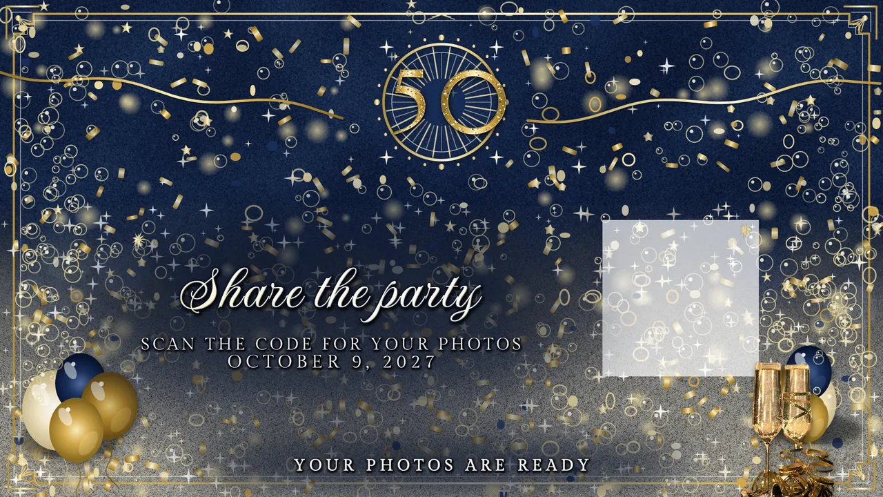 Navy and Gold Fifty Share screen (your app adds the QR code) photo booth template, 1920 x 1080 px
