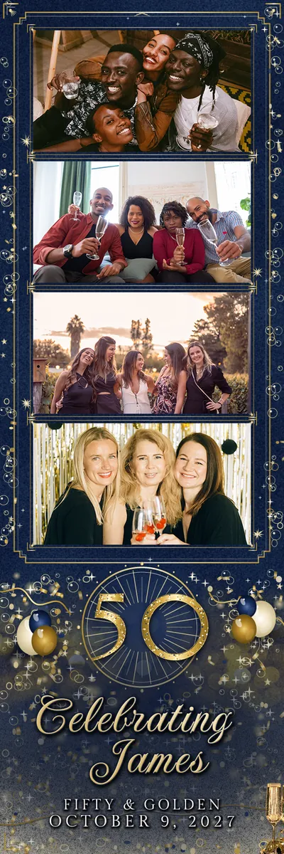 Navy and Gold Fifty 2x6 strip, four photos photo booth template, 600 x 1800 px