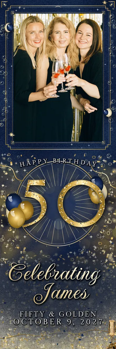 Navy and Gold Fifty 2x6 strip, one photo photo booth template, 600 x 1800 px