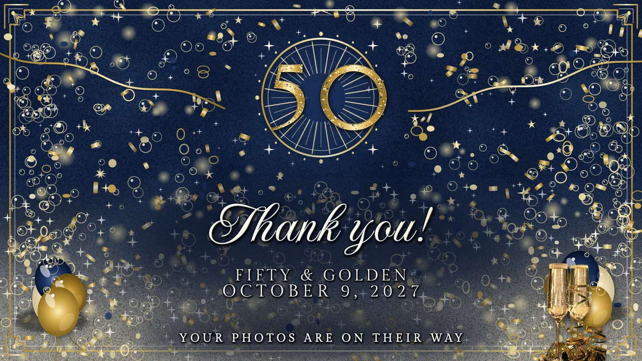 Navy and Gold Fifty Thank-you screen photo booth template, 1920 x 1080 px