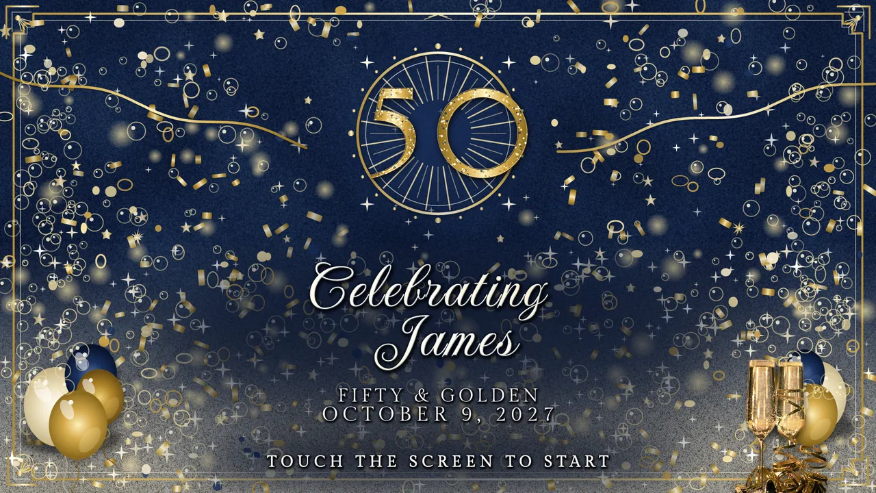 Navy and Gold Fifty Welcome screen photo booth template, 1920 x 1080 px