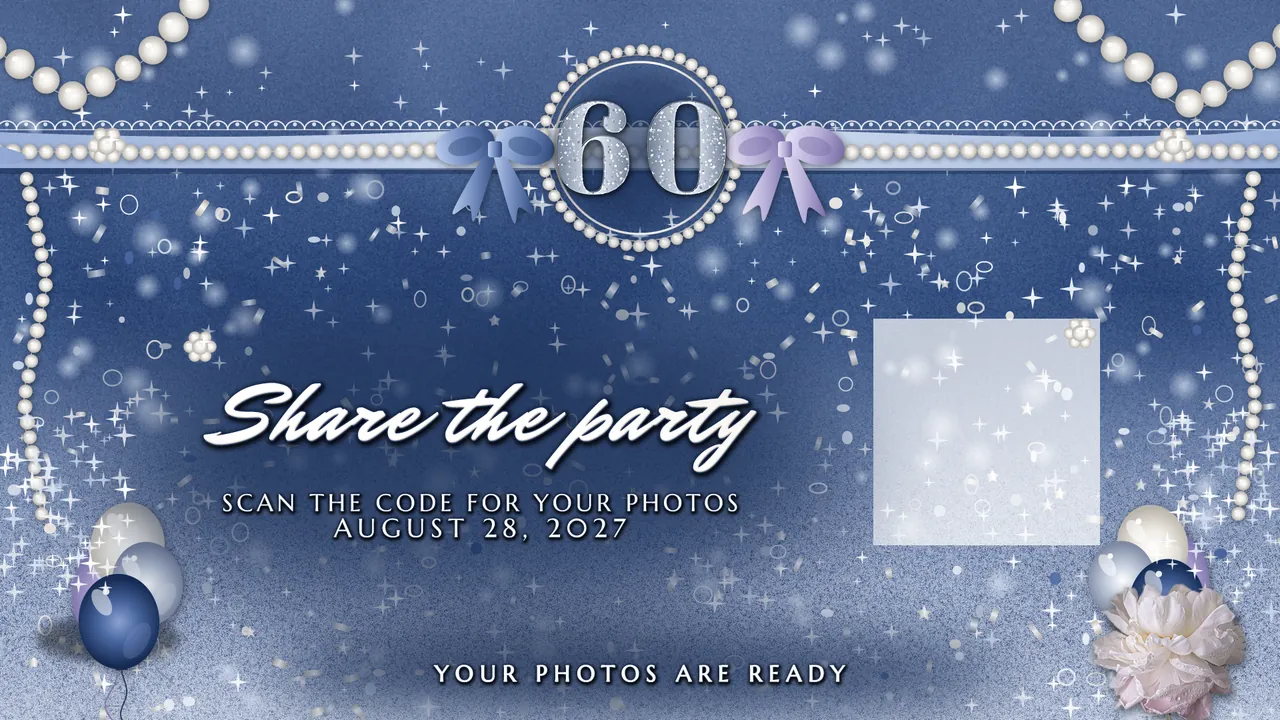 Pearl and Sapphire Sixty Share screen (your app adds the QR code) photo booth template, 1920 x 1080 px