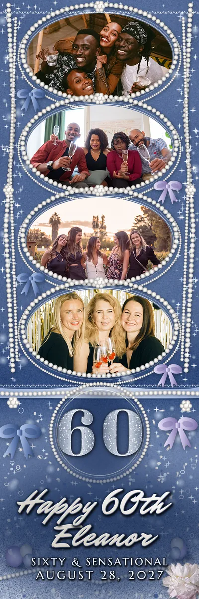 Pearl and Sapphire Sixty 2x6 strip, four photos photo booth template, 600 x 1800 px