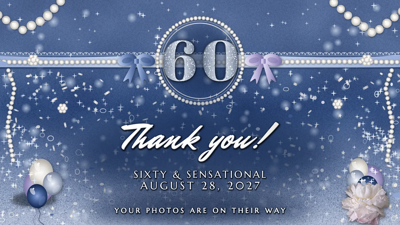 Pearl and Sapphire Sixty Thank-you screen photo booth template, 1920 x 1080 px