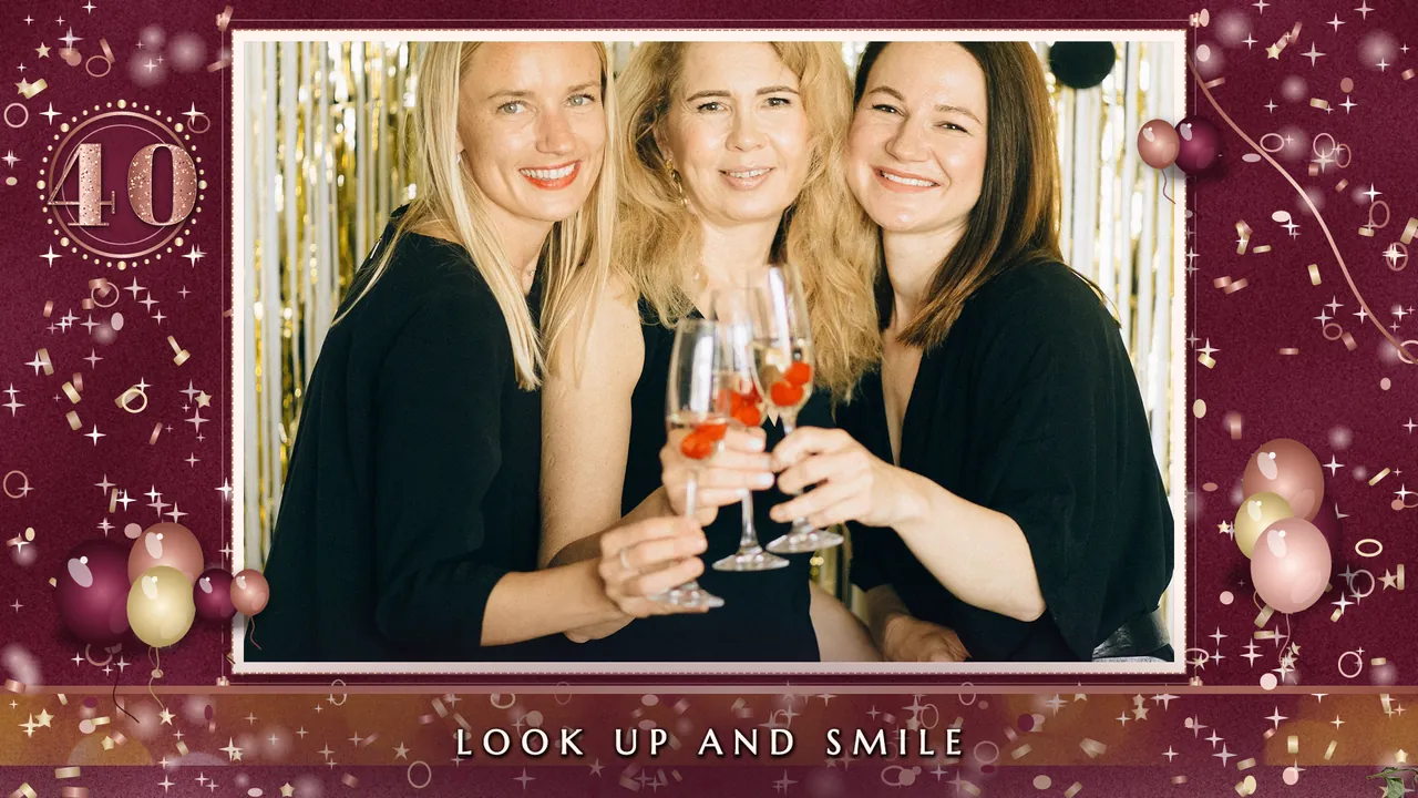 Rose Gold Forty Capture screen with the live-view window photo booth template, 1920 x 1080 px