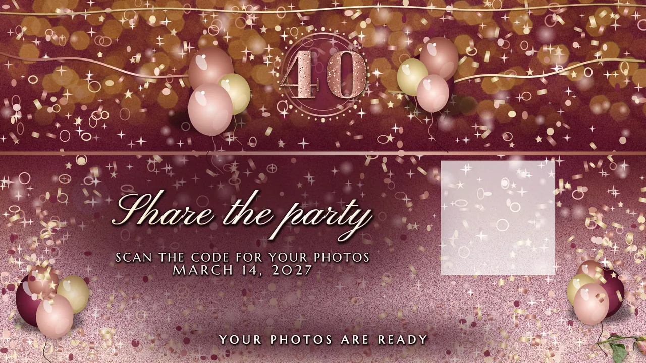 Rose Gold Forty Share screen (your app adds the QR code) photo booth template, 1920 x 1080 px