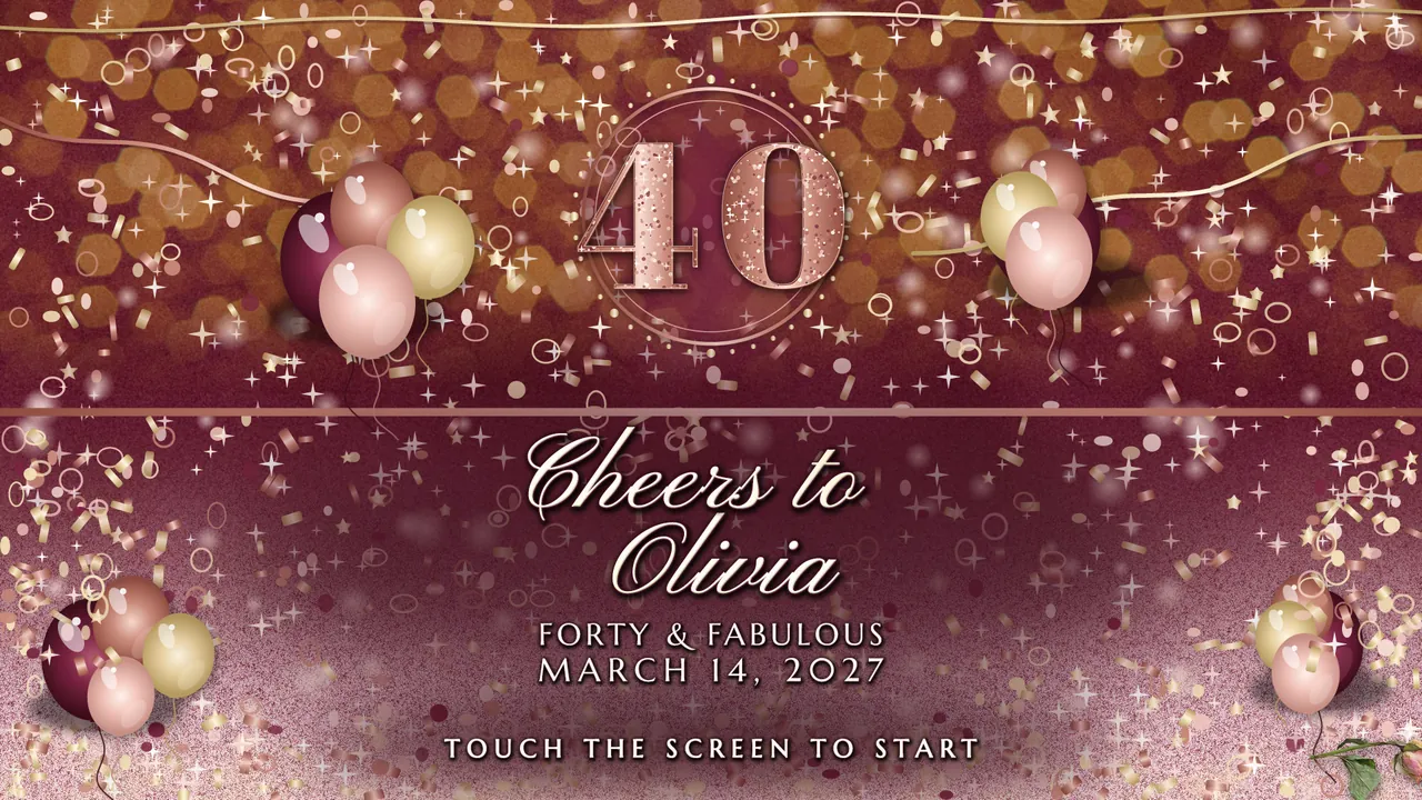 Rose Gold Forty Welcome screen photo booth template, 1920 x 1080 px