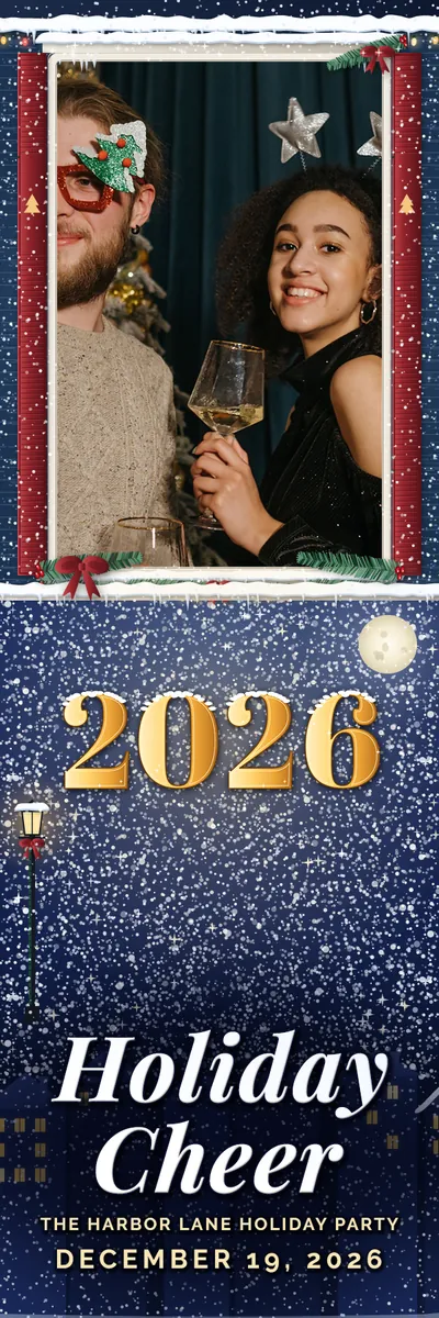 Snowfall Village 2x6 strip, one photo photo booth template, 600 x 1800 px