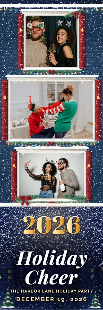 Snowfall Village 2x6 strip, three photos photo booth template