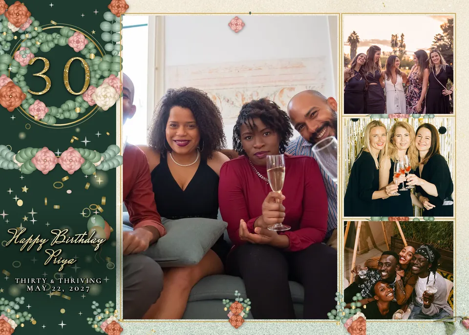 Thirty in Bloom 5x7 print, one big photo and three small photo booth template, 2100 x 1500 px