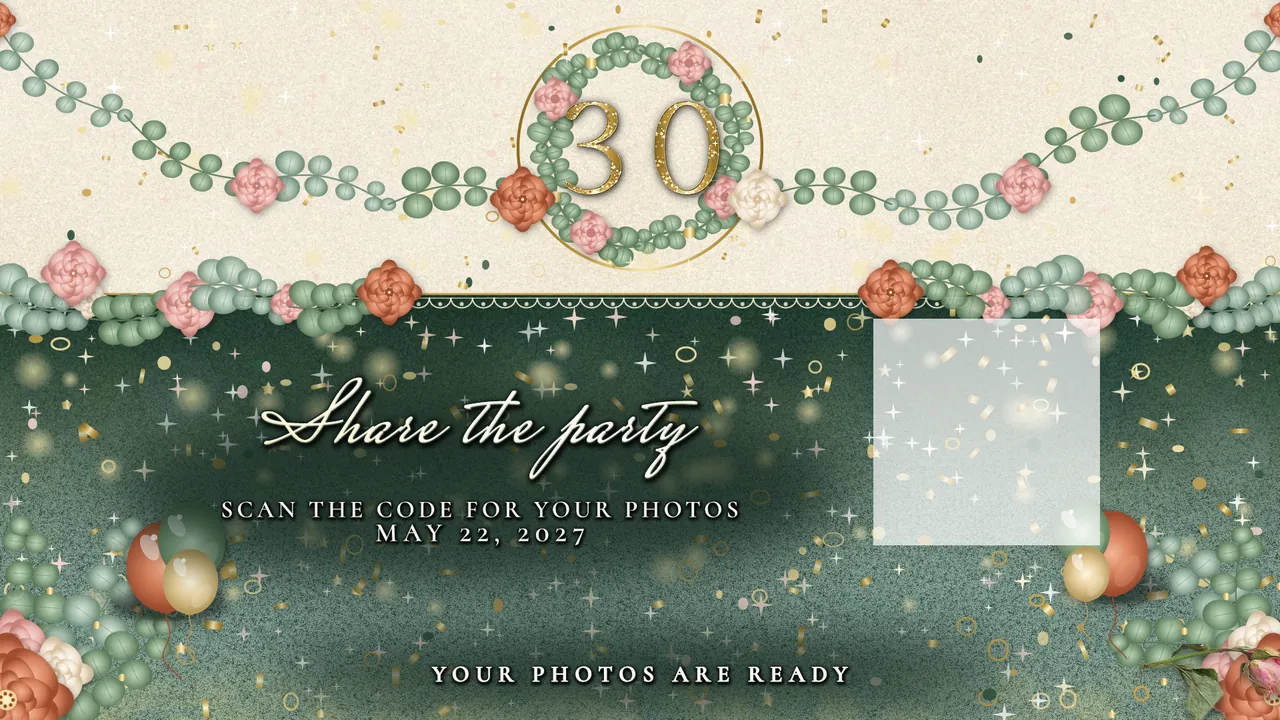 Thirty in Bloom Share screen (your app adds the QR code) photo booth template, 1920 x 1080 px