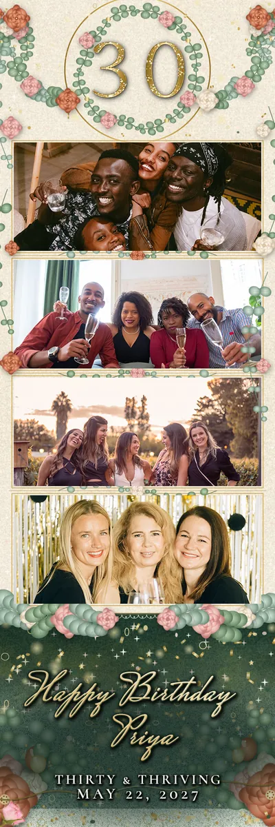 Thirty in Bloom 2x6 strip, four photos photo booth template, 600 x 1800 px