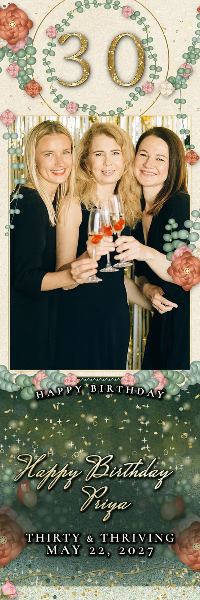 Thirty in Bloom 2x6 strip, one photo photo booth template, 600 x 1800 px