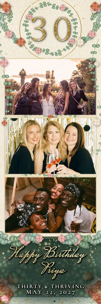 Thirty in Bloom 2x6 strip, three photos photo booth template