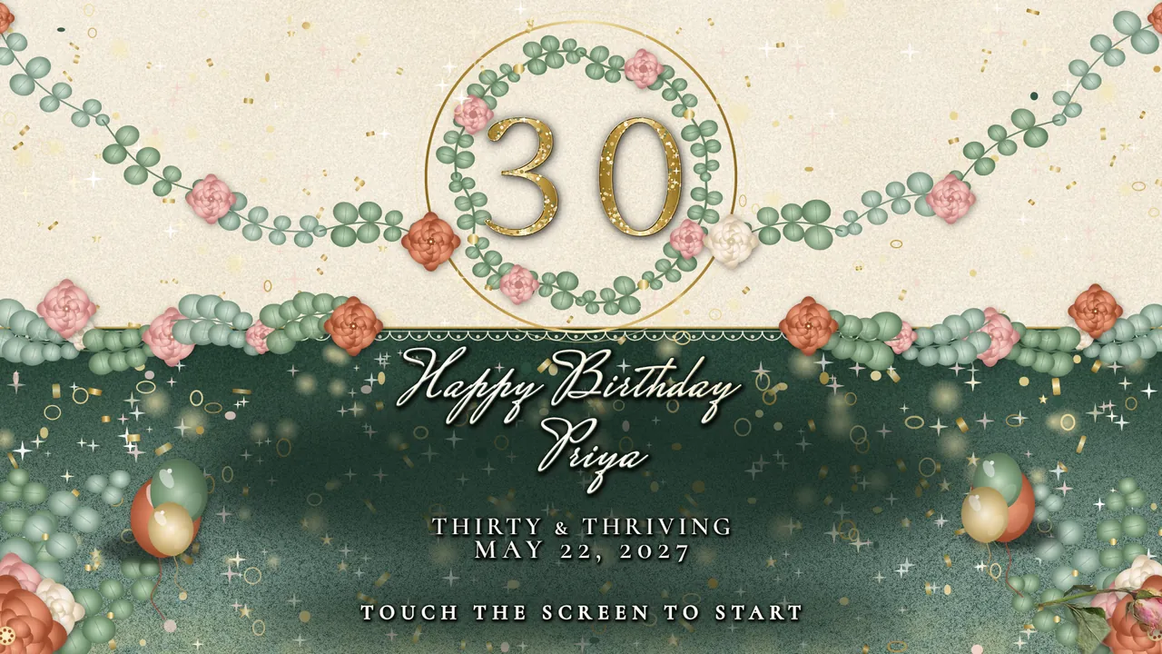 Thirty in Bloom Welcome screen photo booth template, 1920 x 1080 px